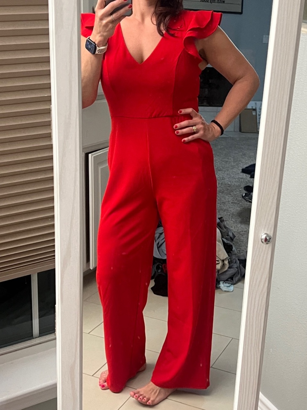 Francesca's Collections Red Ruffle-Shoulder Wide-Leg Jumpsuit